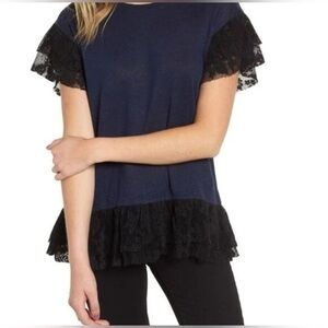 Chelsea28 Women’s Top XS Blue Linen Black Ruffle Hem & Sleeves Lace Trim
